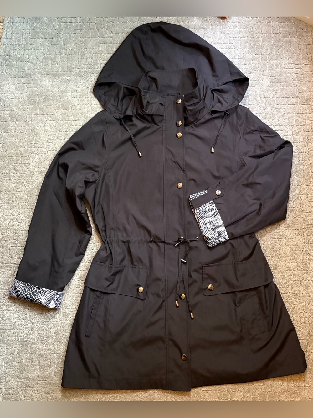 Women’s Black Utility Anorak with Snakeskin Accent Detachable Hood Rainjacket